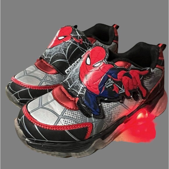 Marvel Spiderman Shoes Boys Size 12 Light Up Hook Loop Black Red - Picture 2 of 6